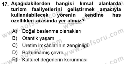 Alternatif Turizm Dersi 2017 - 2018 Yılı (Vize) Ara Sınav Soruları 17. Soru