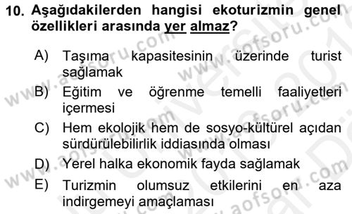 Alternatif Turizm Dersi 2018 - 2019 Yılı (Vize) Ara Sınav Soruları 10. Soru
