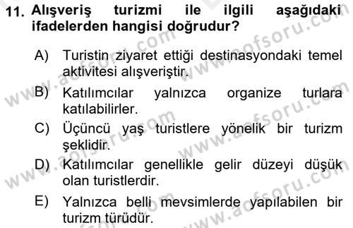 Alternatif Turizm Dersi 2018 - 2019 Yılı (Vize) Ara Sınav Soruları 11. Soru