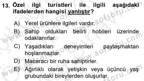 Alternatif Turizm Dersi 2018 - 2019 Yılı (Vize) Ara Sınav Soruları 13. Soru