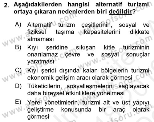 Alternatif Turizm Dersi 2018 - 2019 Yılı (Vize) Ara Sınav Soruları 2. Soru