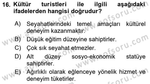 Alternatif Turizm Dersi 2018 - 2019 Yılı (Final) Dönem Sonu Sınav Soruları 16. Soru