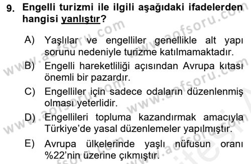 Alternatif Turizm Dersi 2018 - 2019 Yılı (Final) Dönem Sonu Sınav Soruları 9. Soru