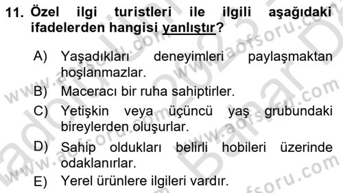 Alternatif Turizm Dersi 2023 - 2024 Yılı (Vize) Ara Sınav Soruları 11. Soru