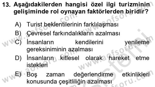 Alternatif Turizm Dersi 2023 - 2024 Yılı (Vize) Ara Sınav Soruları 13. Soru