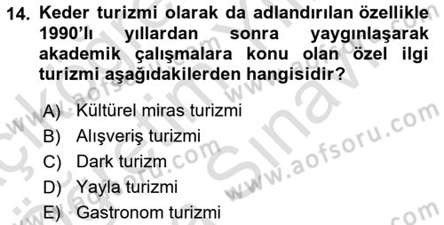 Alternatif Turizm Dersi 2023 - 2024 Yılı (Vize) Ara Sınav Soruları 14. Soru