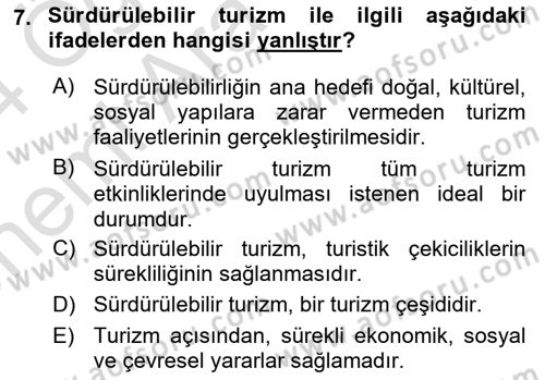 Alternatif Turizm Dersi 2023 - 2024 Yılı (Vize) Ara Sınav Soruları 7. Soru