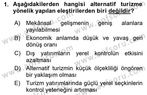 Alternatif Turizm Dersi 2023 - 2024 Yılı Yaz Okulu Sınav Soruları 1. Soru