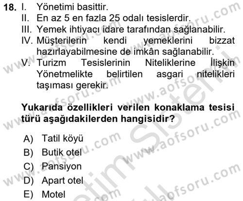 Turizm Mevzuatı Dersi 2020 - 2021 Yılı Yaz Okulu Sınav Soruları 18. Soru