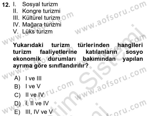 Turizm Mevzuatı Dersi Ara Sınavı Deneme Sınav Soruları 12. Soru