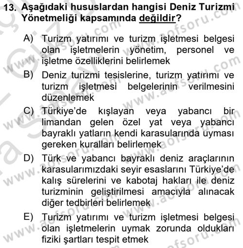Turizm Mevzuatı Dersi Ara Sınavı Deneme Sınav Soruları 13. Soru