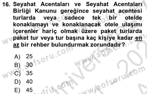 Turizm Mevzuatı Dersi Ara Sınavı Deneme Sınav Soruları 16. Soru