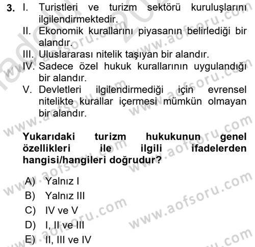 Turizm Mevzuatı Dersi Ara Sınavı Deneme Sınav Soruları 3. Soru