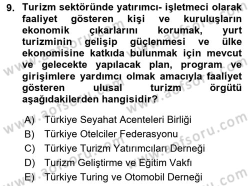 Turizm Mevzuatı Dersi Ara Sınavı Deneme Sınav Soruları 9. Soru