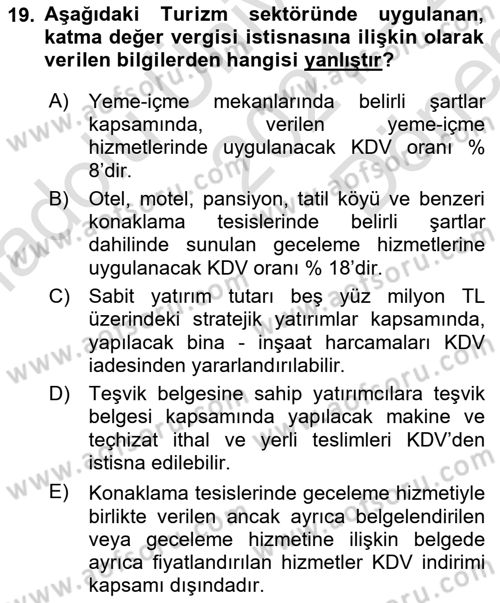 Turizm Mevzuatı Dersi 2021 - 2022 Yılı (Final) Dönem Sonu Sınav Soruları 19. Soru