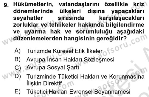 Turizm Mevzuatı Dersi 2021 - 2022 Yılı Yaz Okulu Sınav Soruları 9. Soru