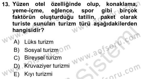 Turizm Mevzuatı Dersi Ara Sınavı Deneme Sınav Soruları 13. Soru
