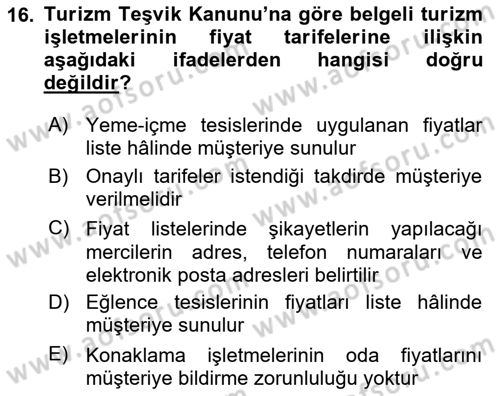 Turizm Mevzuatı Dersi Ara Sınavı Deneme Sınav Soruları 16. Soru