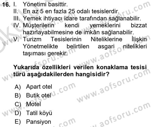 Turizm Mevzuatı Dersi 2022 - 2023 Yılı Yaz Okulu Sınav Soruları 16. Soru