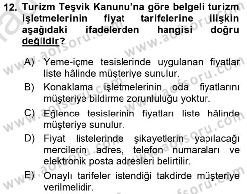 Turizm Mevzuatı Dersi Ara Sınavı Deneme Sınav Soruları 12. Soru