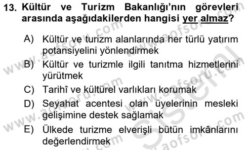 Turizm Mevzuatı Dersi Ara Sınavı Deneme Sınav Soruları 13. Soru