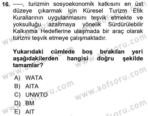 Turizm Mevzuatı Dersi Ara Sınavı Deneme Sınav Soruları 16. Soru