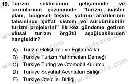 Turizm Mevzuatı Dersi Ara Sınavı Deneme Sınav Soruları 19. Soru