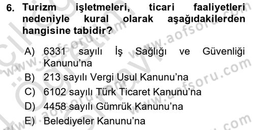 Turizm Mevzuatı Dersi 2023 - 2024 Yılı Yaz Okulu Sınav Soruları 6. Soru