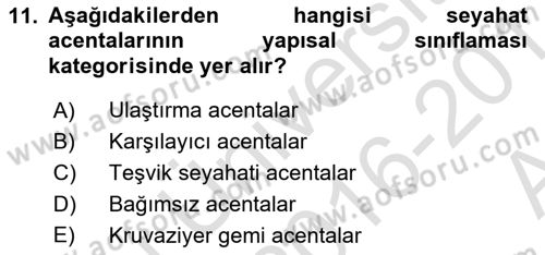 Seyahat Acentacılığı ve Tur Operatörlüğü Dersi 2016 - 2017 Yılı (Vize) Ara Sınav Soruları 11. Soru
