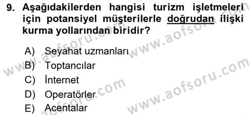 Seyahat Acentacılığı ve Tur Operatörlüğü Dersi 2016 - 2017 Yılı (Vize) Ara Sınavı 9. Soru