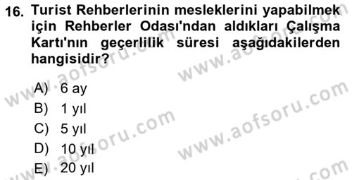 Seyahat Acentacılığı ve Tur Operatörlüğü Dersi 2018 - 2019 Yılı (Vize) Ara Sınavı 16. Soru