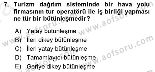 Seyahat Acentacılığı ve Tur Operatörlüğü Dersi 2018 - 2019 Yılı (Vize) Ara Sınavı 7. Soru