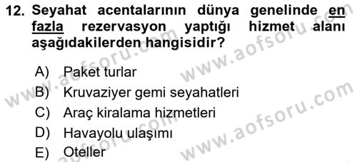 Seyahat Acentacılığı ve Tur Operatörlüğü Dersi 2018 - 2019 Yılı (Final) Dönem Sonu Sınav Soruları 12. Soru