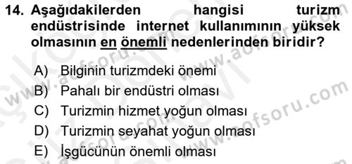 Seyahat Acentacılığı ve Tur Operatörlüğü Dersi 2018 - 2019 Yılı (Final) Dönem Sonu Sınav Soruları 14. Soru