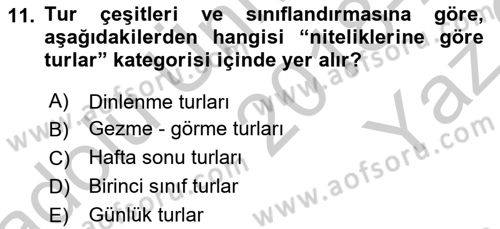 Seyahat Acentacılığı ve Tur Operatörlüğü Dersi 2018 - 2019 Yılı Yaz Okulu Sınav Soruları 11. Soru