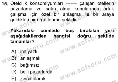 Seyahat Acentacılığı ve Tur Operatörlüğü Dersi 2018 - 2019 Yılı Yaz Okulu Sınav Soruları 15. Soru
