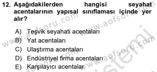 Seyahat Acentacılığı ve Tur Operatörlüğü Dersi 2019 - 2020 Yılı (Vize) Ara Sınav Soruları 12. Soru
