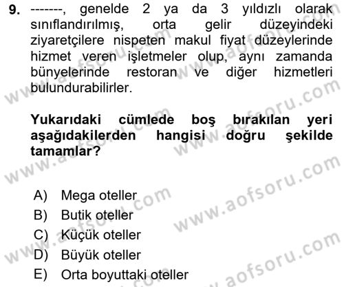 Seyahat Acentacılığı ve Tur Operatörlüğü Dersi Ara Sınavı Deneme Sınav Soruları 9. Soru