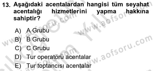 Seyahat Acentacılığı ve Tur Operatörlüğü Dersi 2020 - 2021 Yılı Yaz Okulu Sınav Soruları 13. Soru
