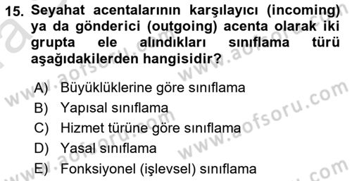 Seyahat Acentacılığı ve Tur Operatörlüğü Dersi 2021 - 2022 Yılı (Vize) Ara Sınav Soruları 15. Soru