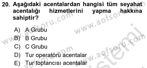 Seyahat Acentacılığı ve Tur Operatörlüğü Dersi 2021 - 2022 Yılı (Vize) Ara Sınavı 20. Soru