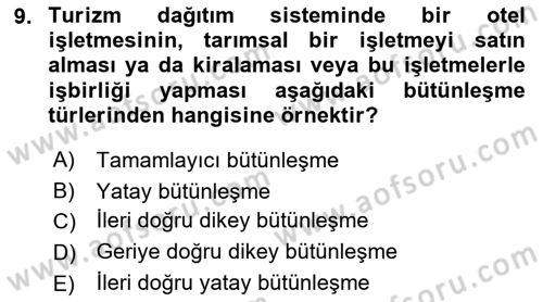 Seyahat Acentacılığı ve Tur Operatörlüğü Dersi 2021 - 2022 Yılı (Vize) Ara Sınavı 9. Soru