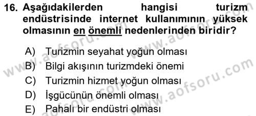 Seyahat Acentacılığı ve Tur Operatörlüğü Dersi 2021 - 2022 Yılı (Final) Dönem Sonu Sınav Soruları 16. Soru