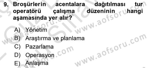 Seyahat Acentacılığı ve Tur Operatörlüğü Dersi 2021 - 2022 Yılı (Final) Dönem Sonu Sınav Soruları 9. Soru