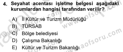 Seyahat Acentacılığı ve Tur Operatörlüğü Dersi 2023 - 2024 Yılı Yaz Okulu Sınav Soruları 4. Soru