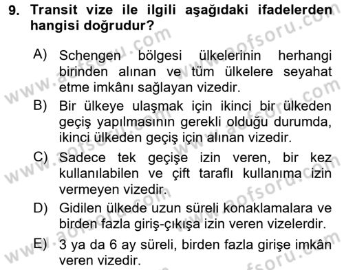 Seyahat Acentacılığı ve Tur Operatörlüğü Dersi 2023 - 2024 Yılı Yaz Okulu Sınav Soruları 9. Soru