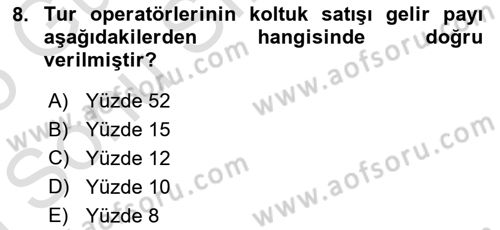 Seyahat Acentacılığı ve Tur Operatörlüğü Dersi 2024 - 2025 Yılı (Final) Dönem Sonu Sınav Soruları 8. Soru