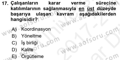 Rekreasyon Yönetimi Dersi 2017 - 2018 Yılı (Vize) Ara Sınavı 17. Soru