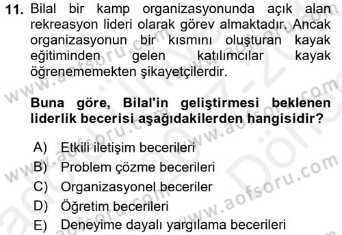 Rekreasyon Yönetimi Dersi 2017 - 2018 Yılı (Final) Dönem Sonu Sınav Soruları 11. Soru