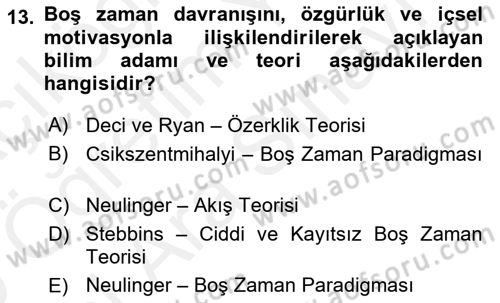 Rekreasyon Yönetimi Dersi 2018 - 2019 Yılı (Vize) Ara Sınav Soruları 13. Soru